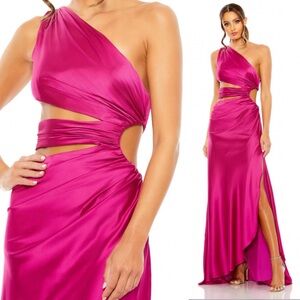 Mac Duggal Cut Out One Shoulder Gown Magenta Pink Satin